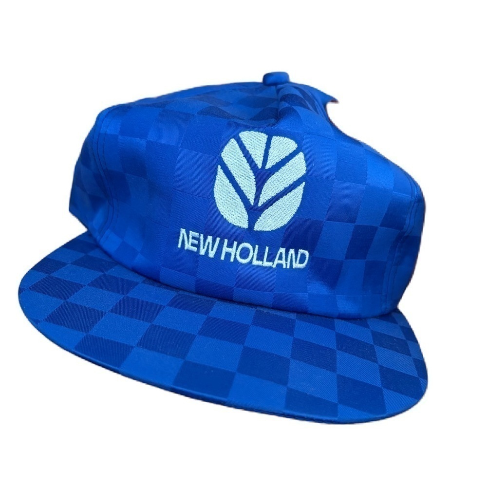Vintage New Holland Blue Checkered SnapBack Hat K Products USA Made Trucker